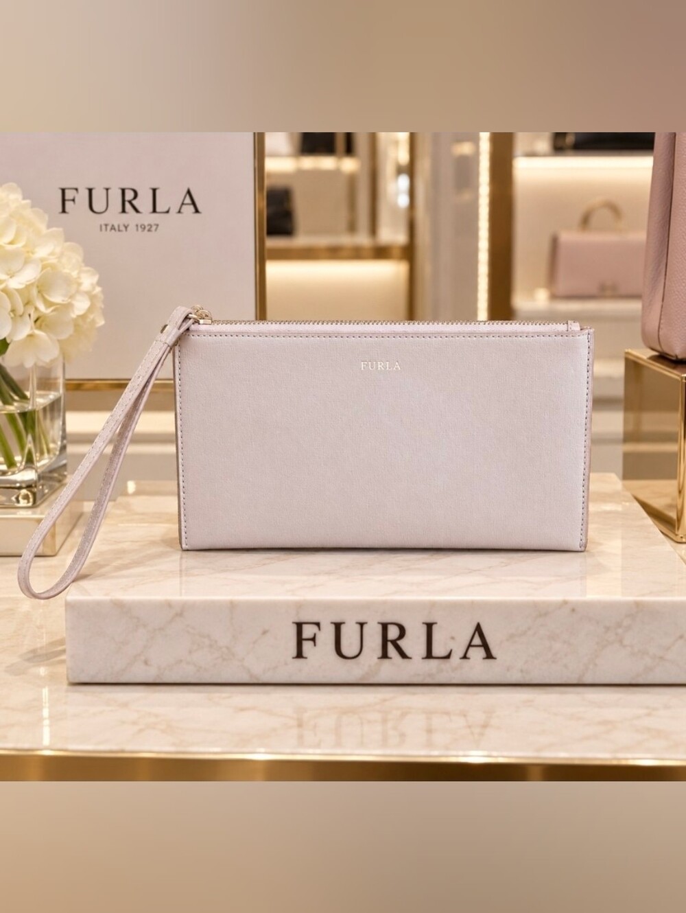 Furla Pale Pink Leather Wristlet Clutch